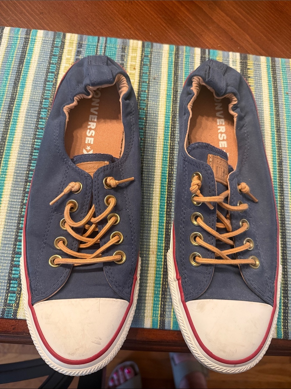 Converse Navy Canvas Low-Top Sneakers with Tan Laces and Red Trim